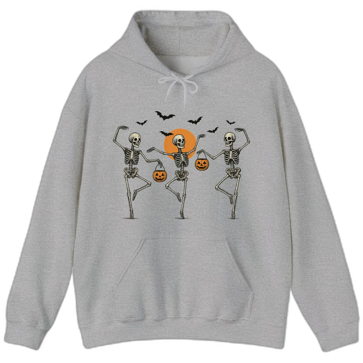 Dancing Skeletons With Pumpkin Buckets Hoodie in Sport Grey
