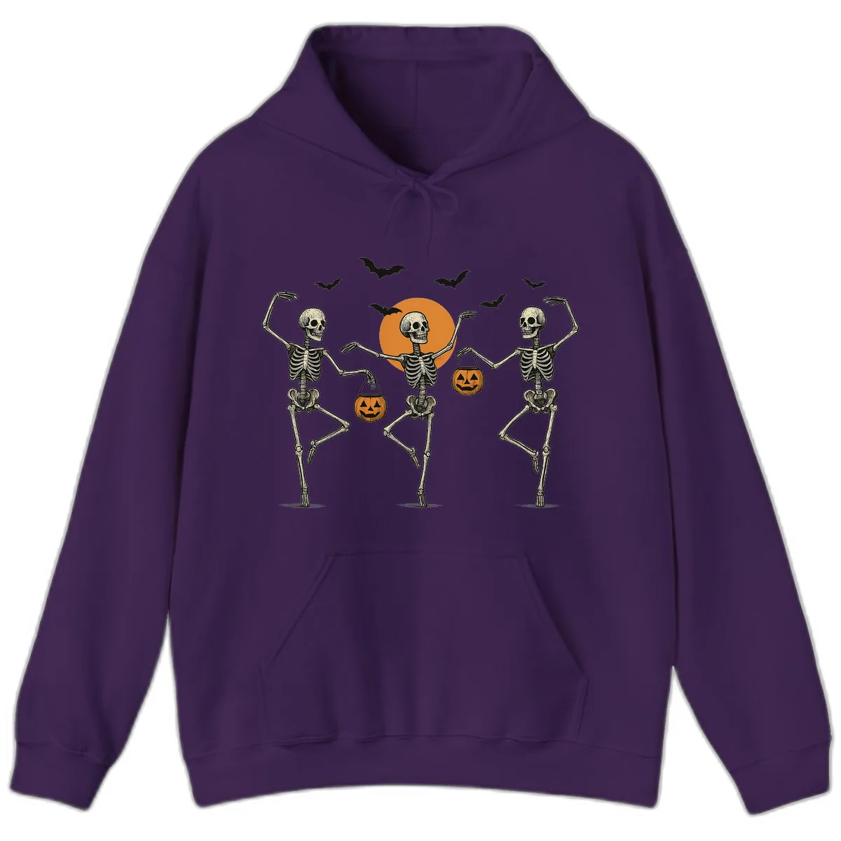 Dancing Skeletons With Pumpkin Buckets Hoodie in Purple