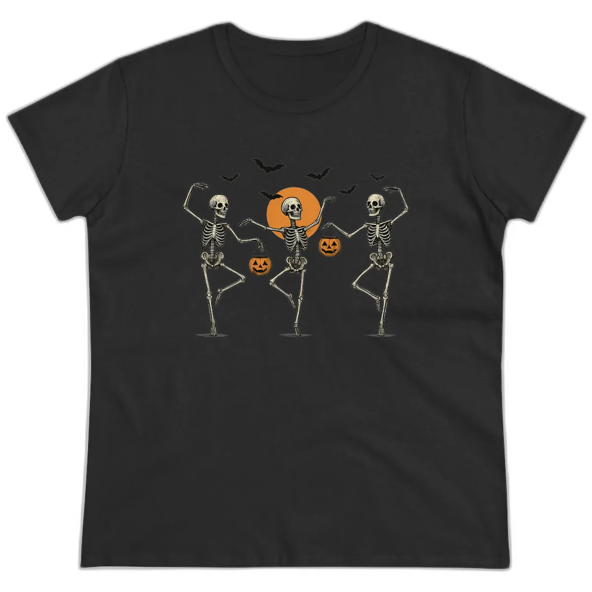 Dancing Skeletons With Pumpkin Buckets Ladies Tee in Black