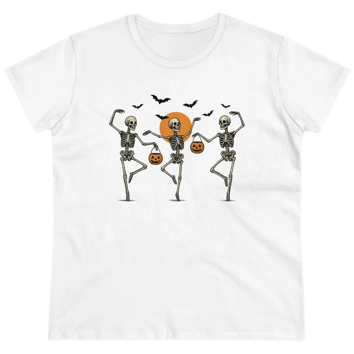 Dancing Skeletons With Pumpkin Buckets Ladies Tee in White