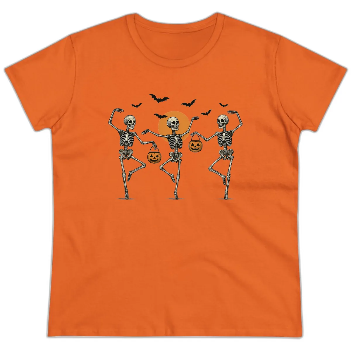 Dancing Skeletons With Pumpkin Buckets Ladies Tee in Orange