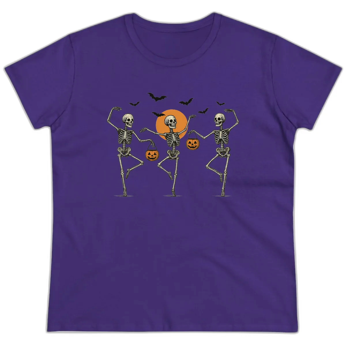Dancing Skeletons With Pumpkin Buckets Ladies Tee in Purple