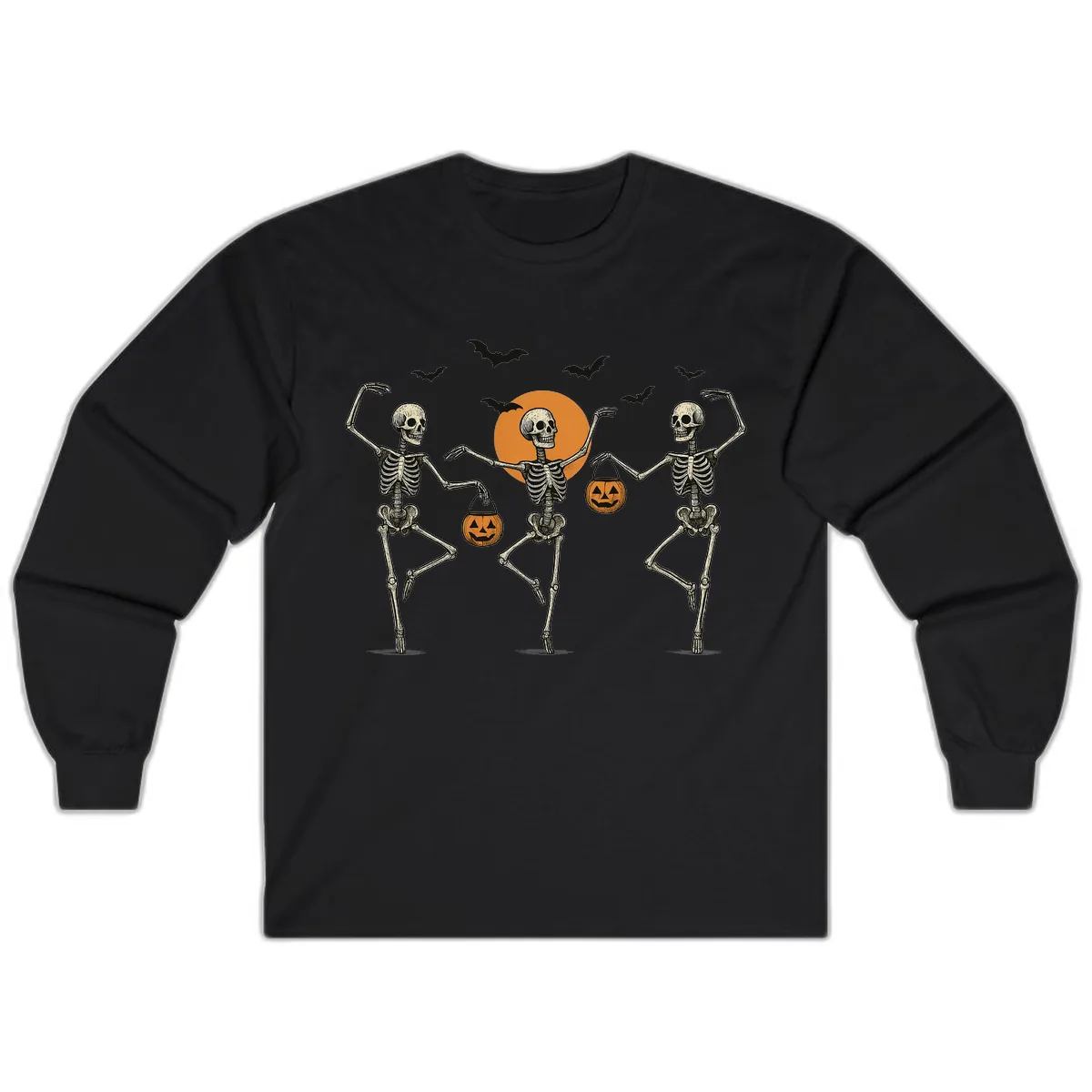 Dancing Skeletons With Pumpkin Buckets Long Sleeve in Black