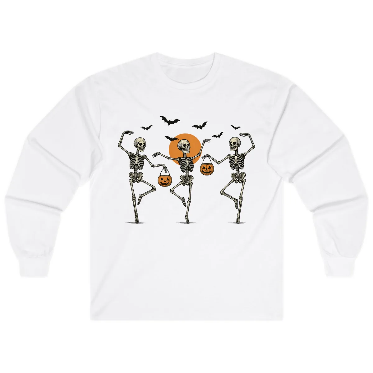 Dancing Skeletons With Pumpkin Buckets Long Sleeve in White