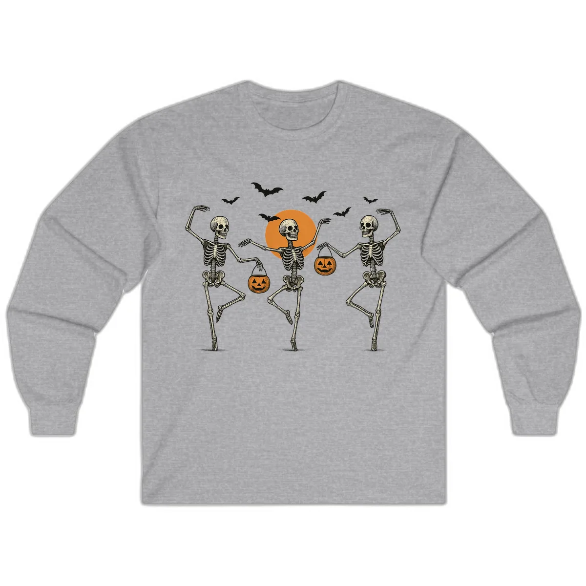 Dancing Skeletons With Pumpkin Buckets Long Sleeve in Sport Grey