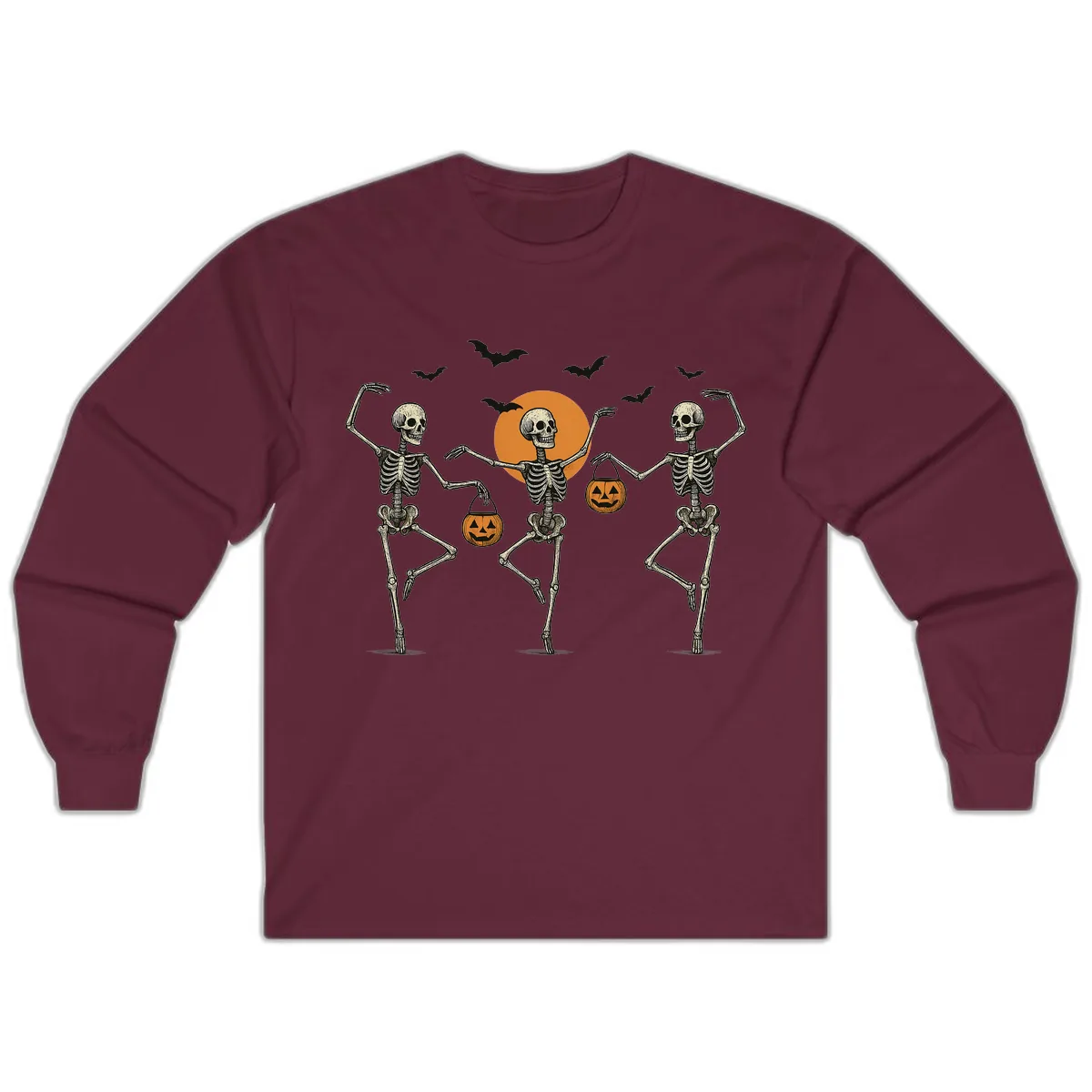Dancing Skeletons With Pumpkin Buckets Long Sleeve in Maroon