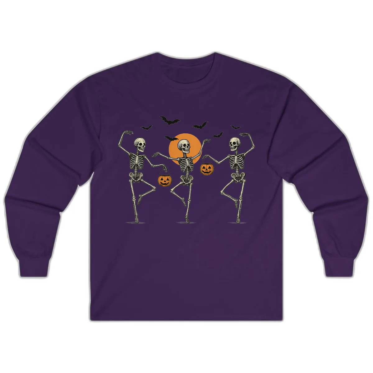 Dancing Skeletons With Pumpkin Buckets Long Sleeve in Purple