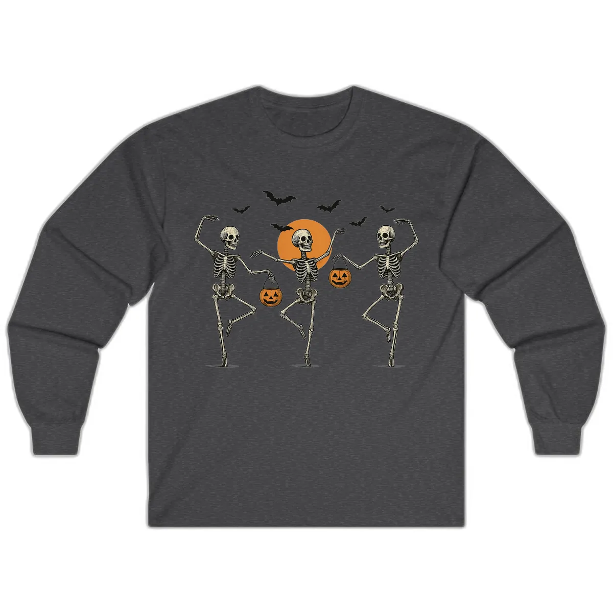 Dancing Skeletons With Pumpkin Buckets Long Sleeve in Dark Heather
