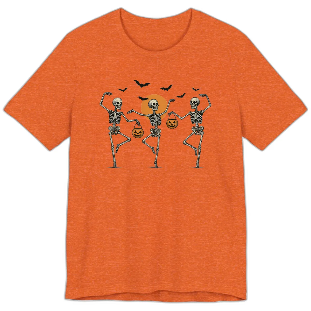 Dancing Skeletons With Pumpkin Buckets Premium T-Shirt in Heather Orange