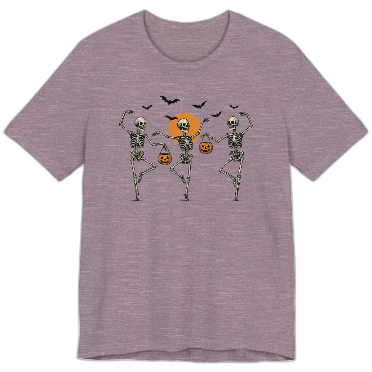Dancing Skeletons With Pumpkin Buckets Premium T-Shirt in Heather Purple