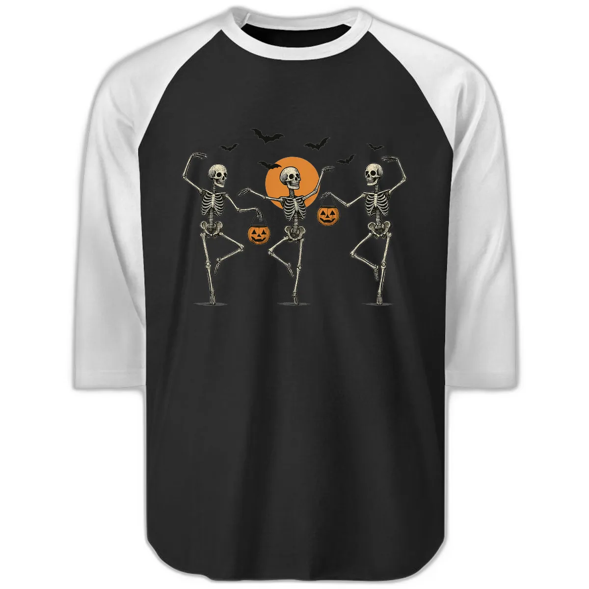 Dancing Skeletons With Pumpkin Buckets Raglan 3/4 in Black White