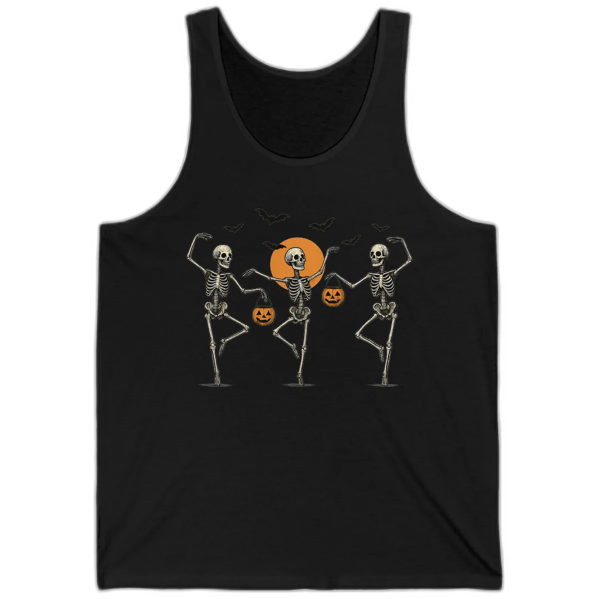 Dancing Skeletons With Pumpkin Buckets Tank in Black