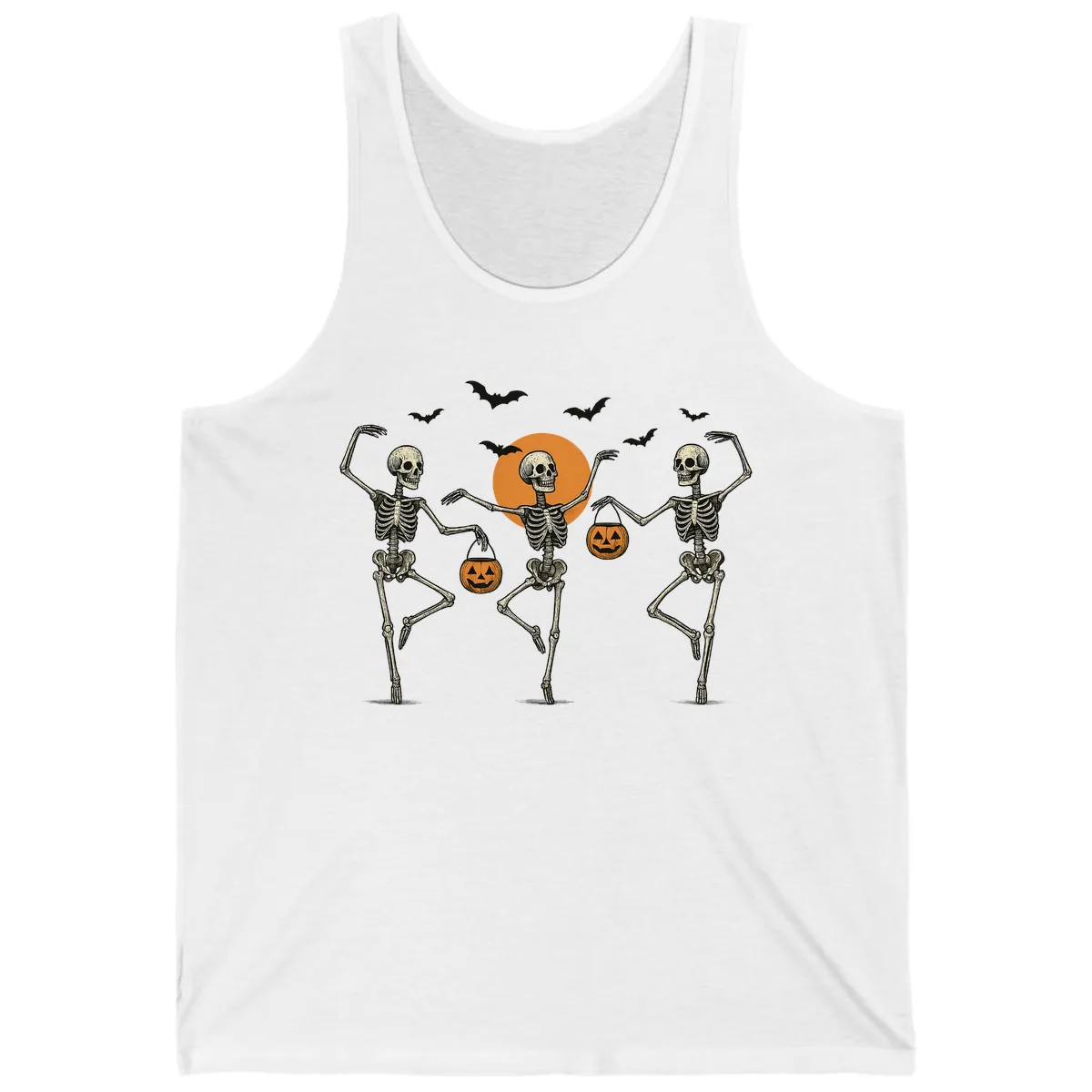 Dancing Skeletons With Pumpkin Buckets Tank in White