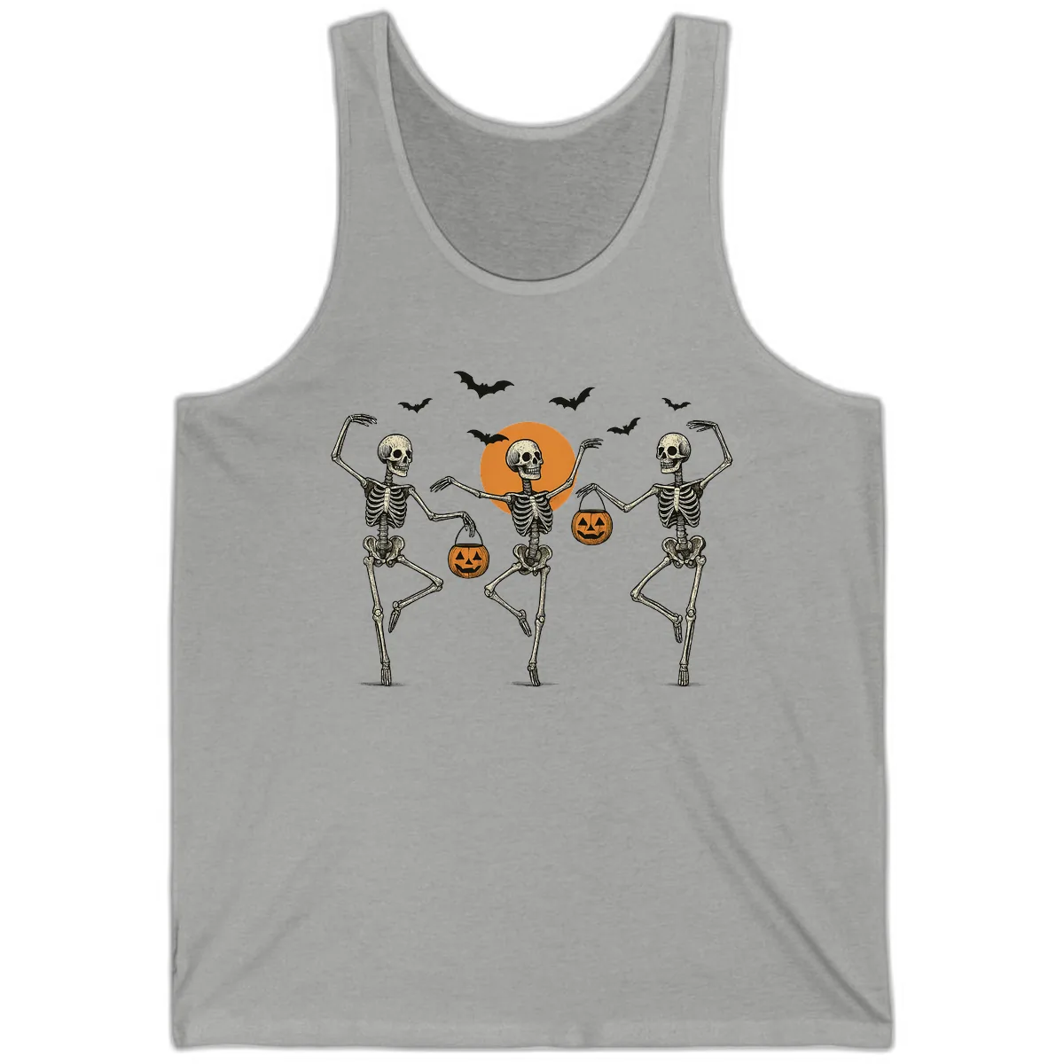 Dancing Skeletons With Pumpkin Buckets Tank in Athletic Heather