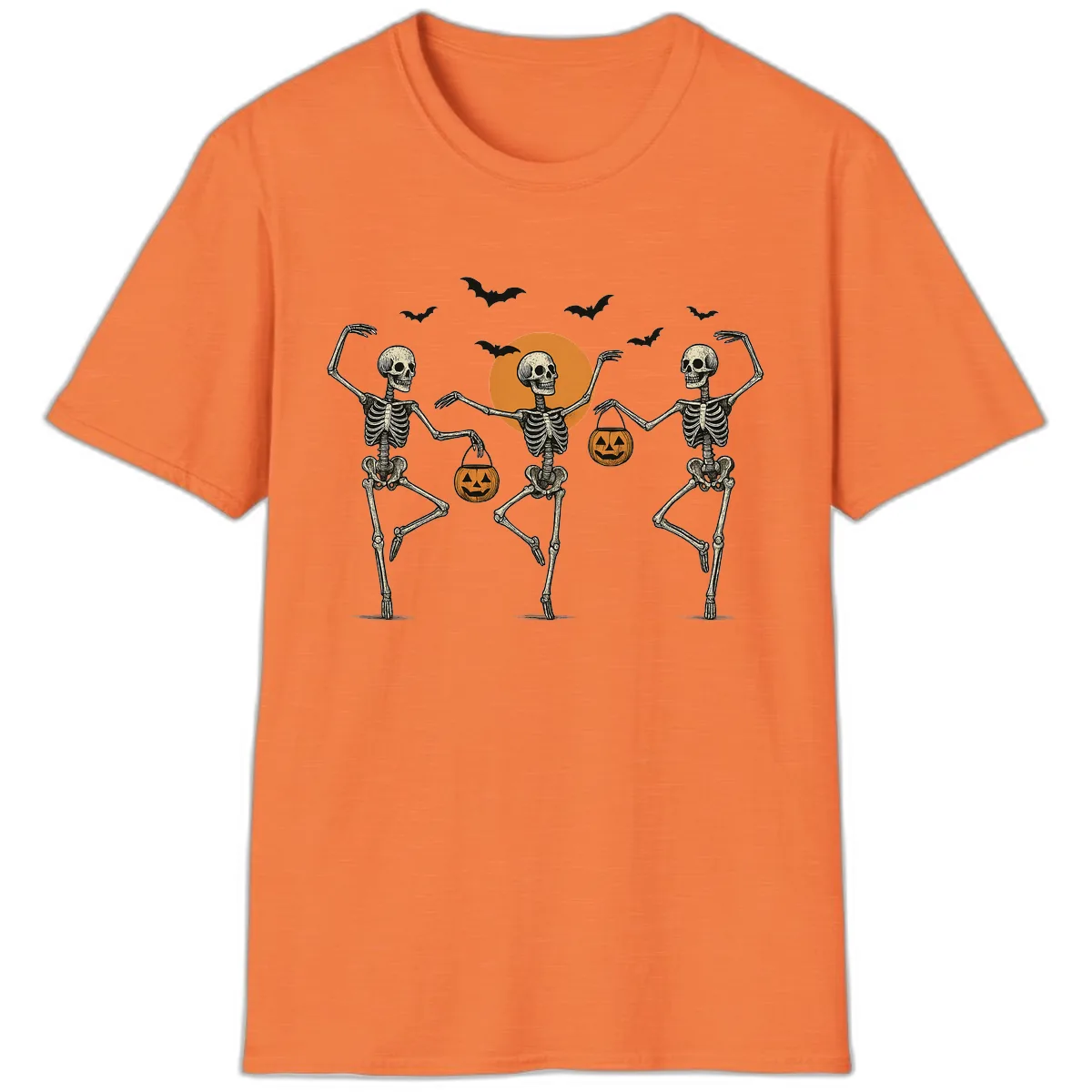 Dancing Skeletons With Pumpkin Buckets T-Shirt in Heather Orange
