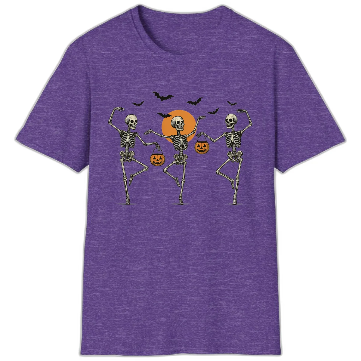 Dancing Skeletons With Pumpkin Buckets T-Shirt in Heather Purple