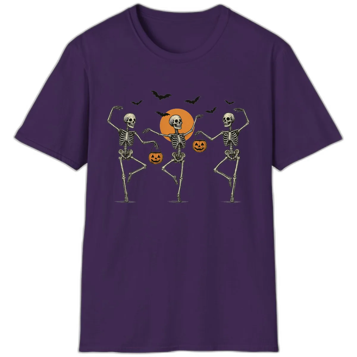 Dancing Skeletons With Pumpkin Buckets T-Shirt in Purple