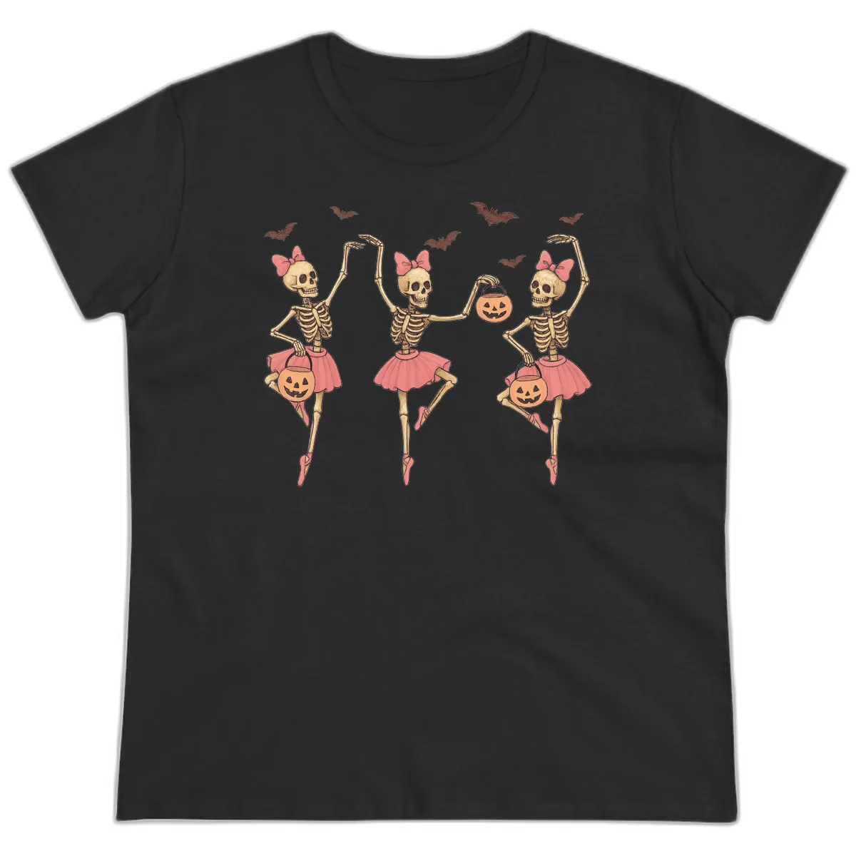 Skeleton Ballerinas With Pumpkins Ladies Tee in Black