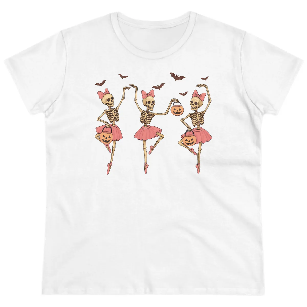 Skeleton Ballerinas With Pumpkins Ladies Tee in White