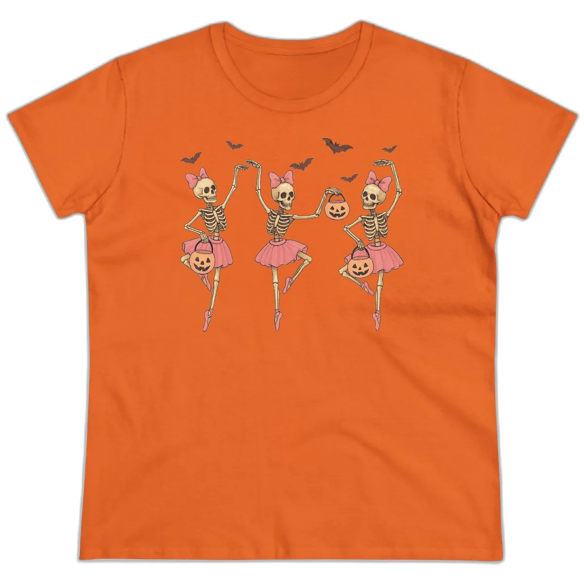 Skeleton Ballerinas With Pumpkins Ladies Tee in Orange