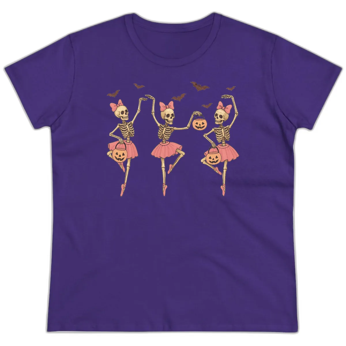 Skeleton Ballerinas With Pumpkins Ladies Tee in Purple