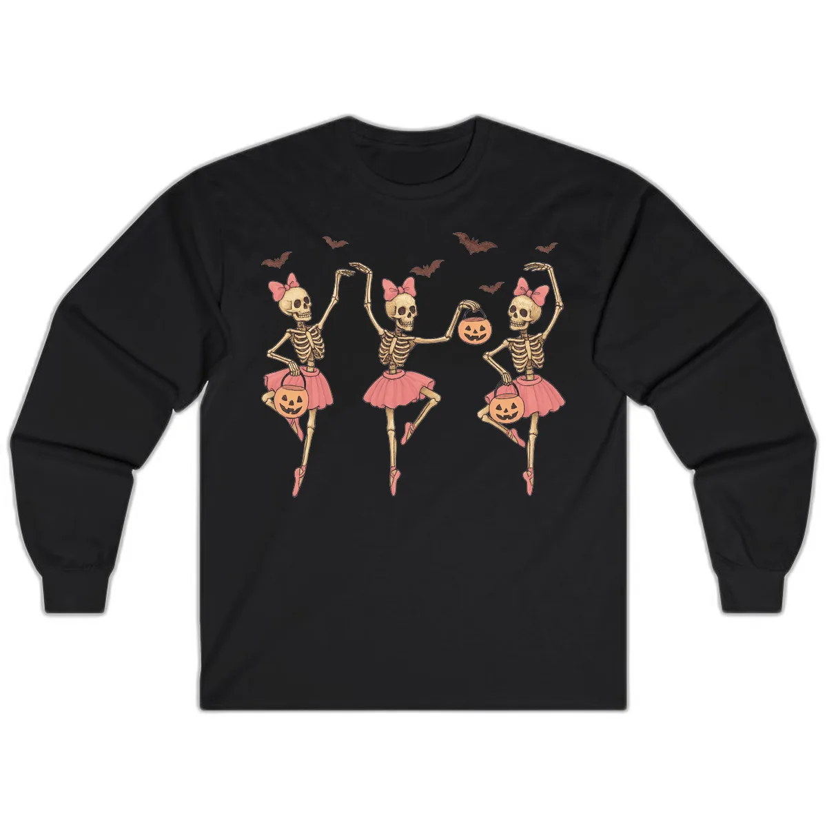 Skeleton Ballerinas With Pumpkins Long Sleeve in Black