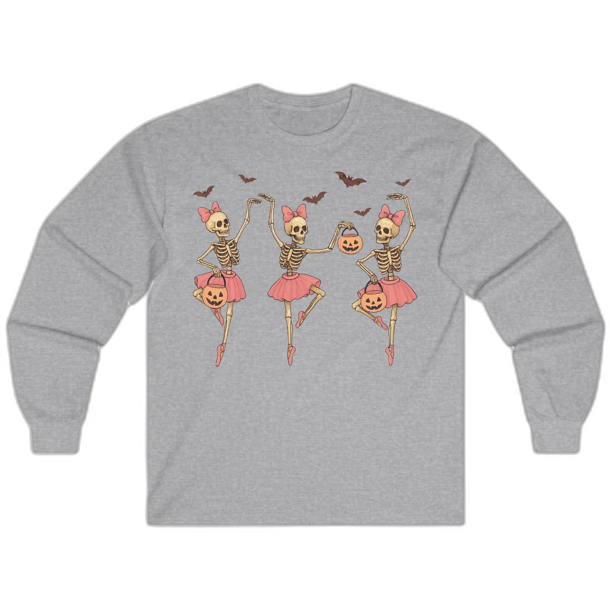 Skeleton Ballerinas With Pumpkins Long Sleeve in Sport Grey