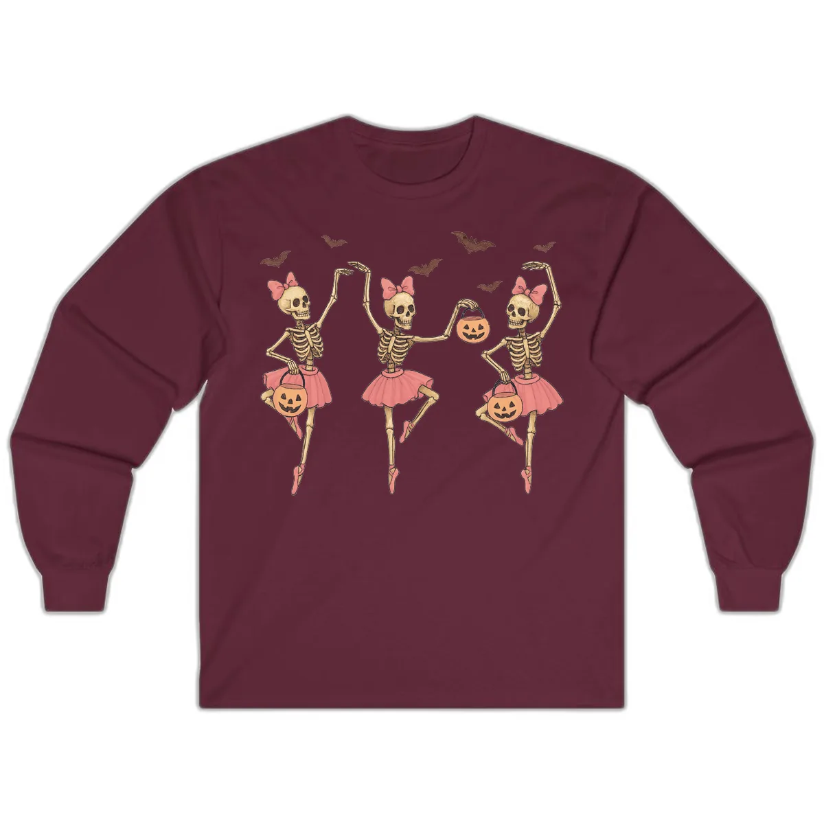 Skeleton Ballerinas With Pumpkins Long Sleeve in Maroon