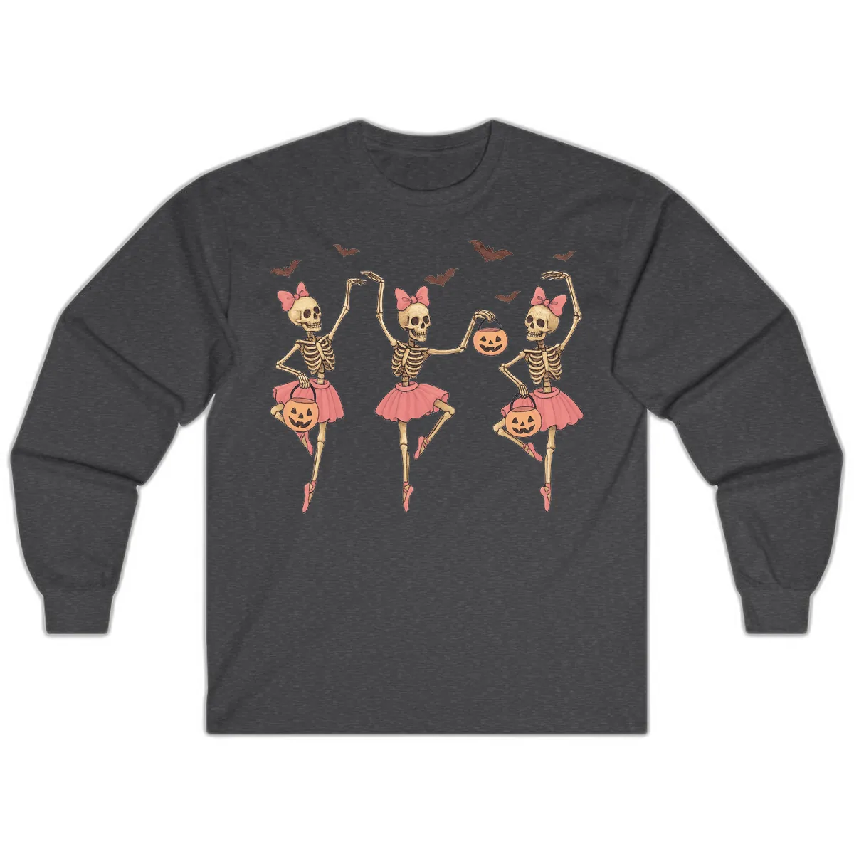 Skeleton Ballerinas With Pumpkins Long Sleeve in Dark Heather