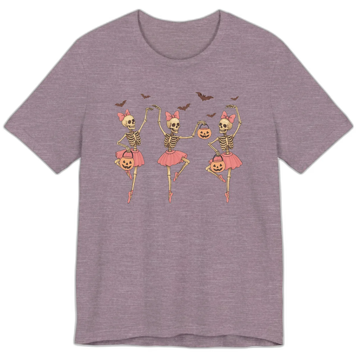Skeleton Ballerinas With Pumpkins Premium T-Shirt in Heather Purple