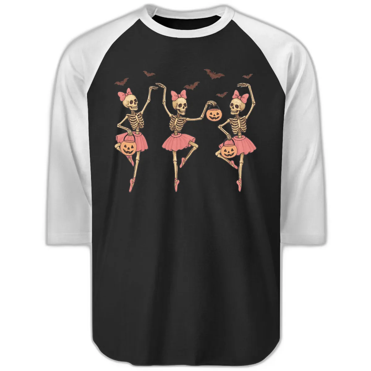 Skeleton Ballerinas With Pumpkins Raglan 3/4 in Black White