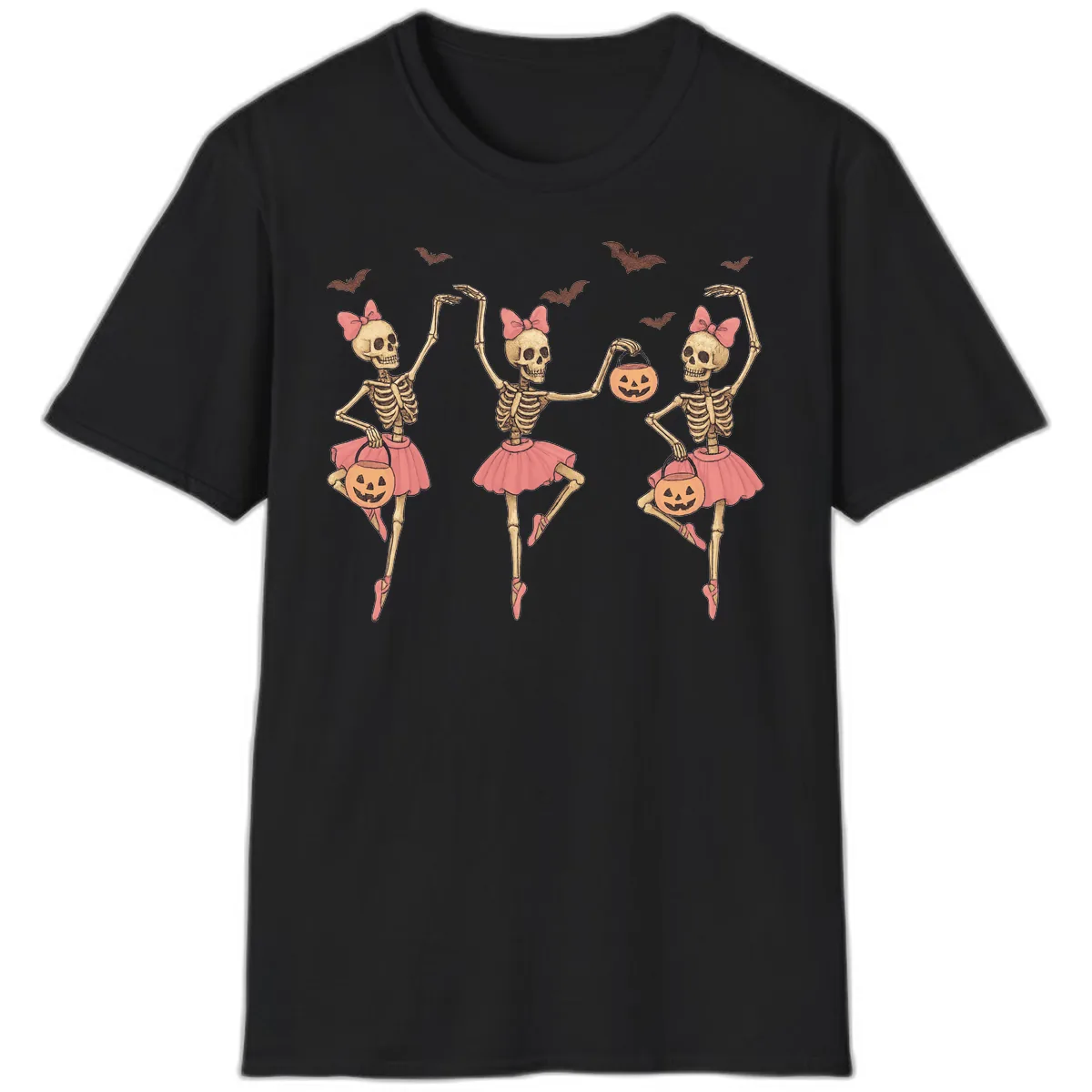 Skeleton Ballerinas With Pumpkins T-Shirt in Black