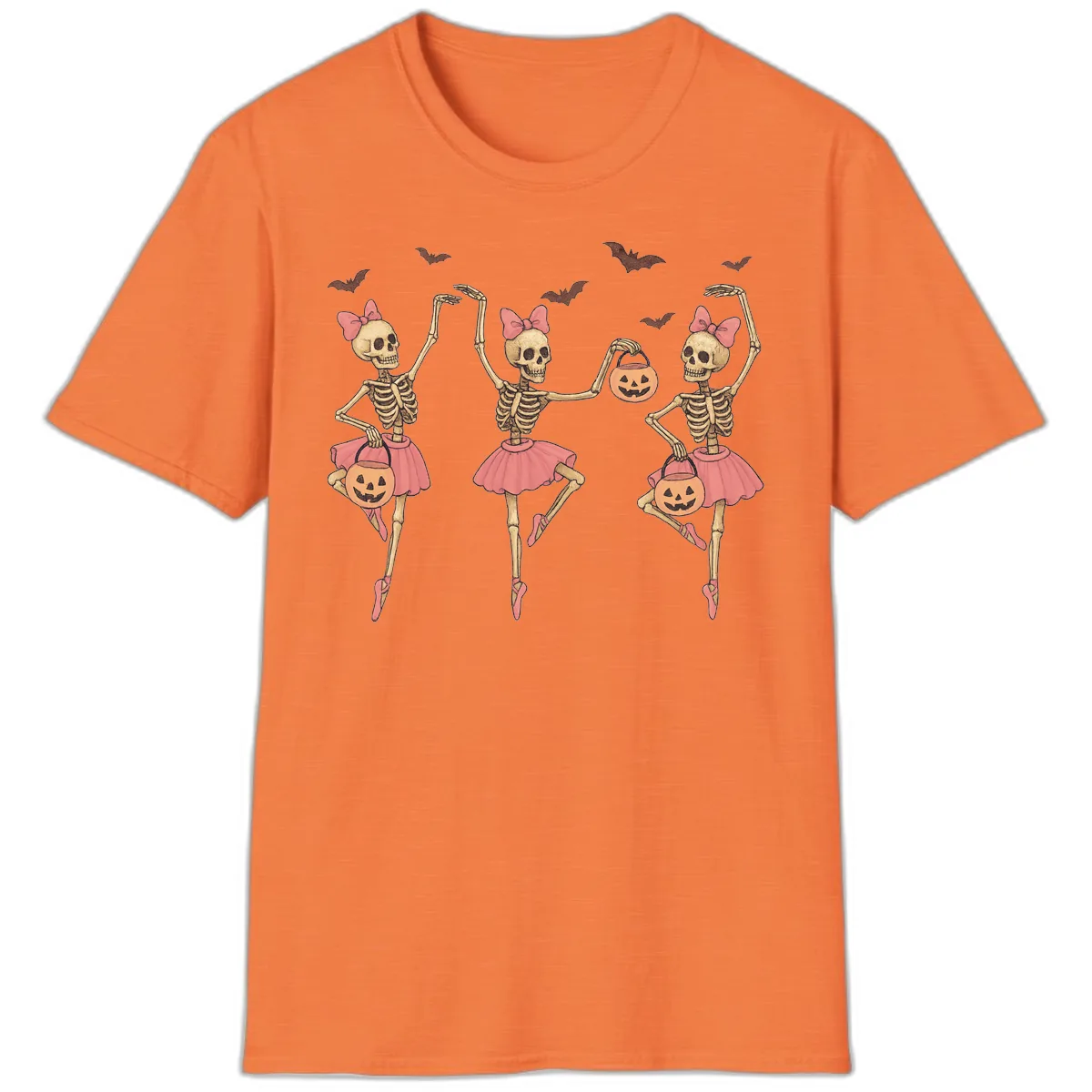 Skeleton Ballerinas With Pumpkins T-Shirt in Heather Orange
