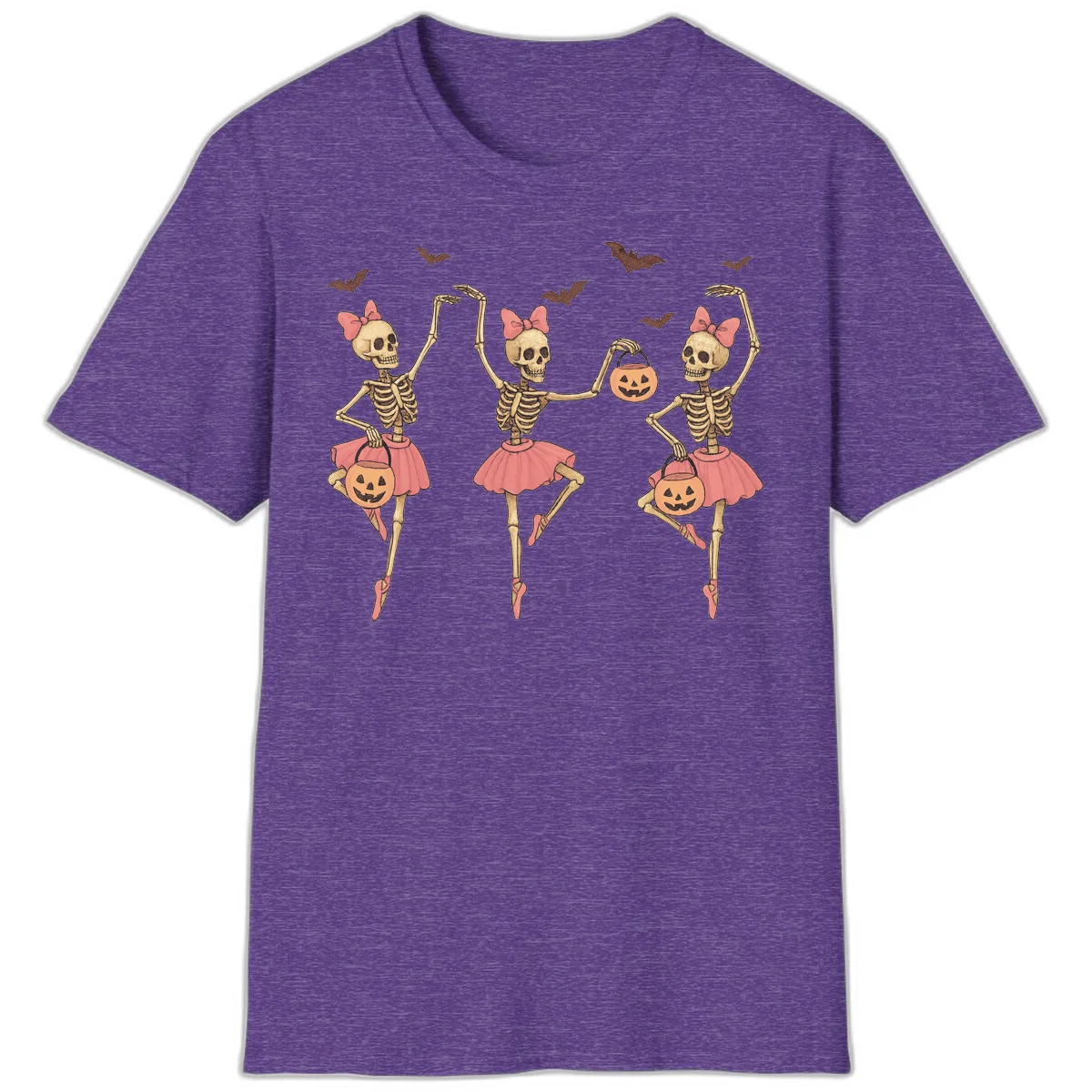 Skeleton Ballerinas With Pumpkins T-Shirt in Heather Purple