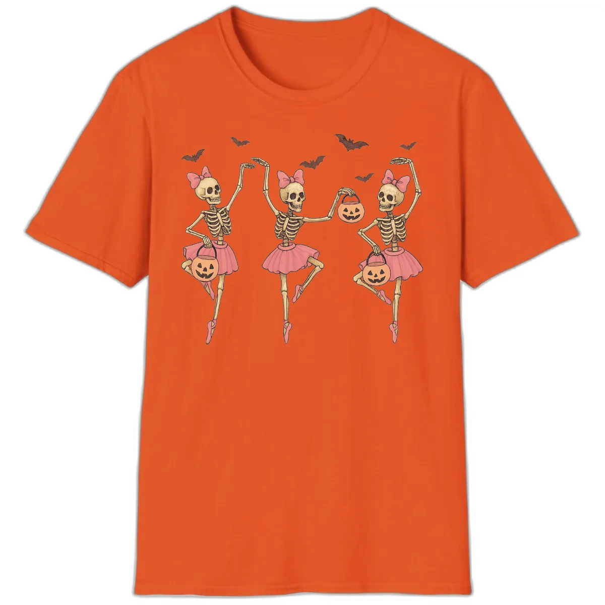 Skeleton Ballerinas With Pumpkins T-Shirt in Orange