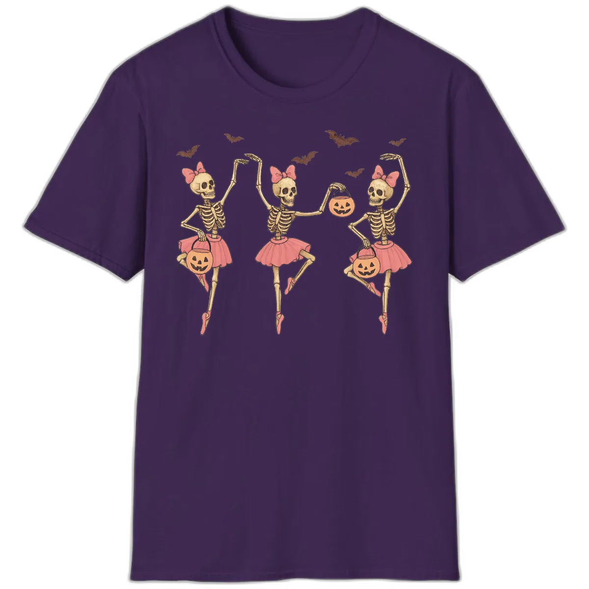Skeleton Ballerinas With Pumpkins T-Shirt in Purple