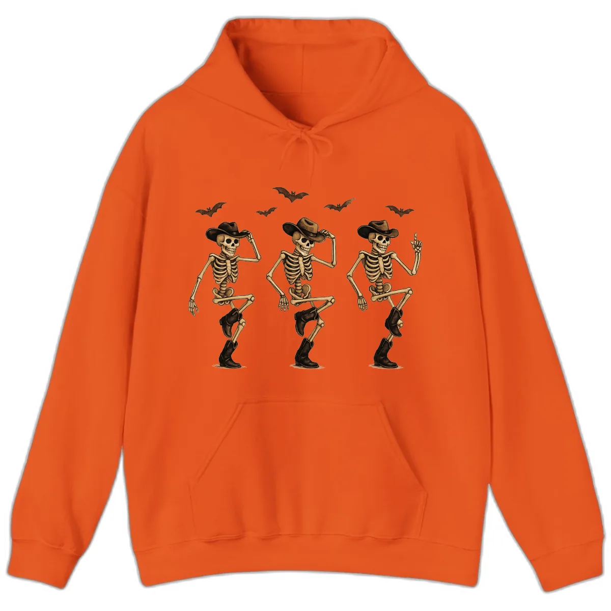 Dancing Cowboy Skeletons Halloween Hoodie in Orange