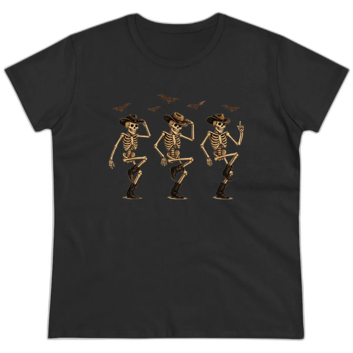 Dancing Cowboy Skeletons Halloween Ladies Tee in Black
