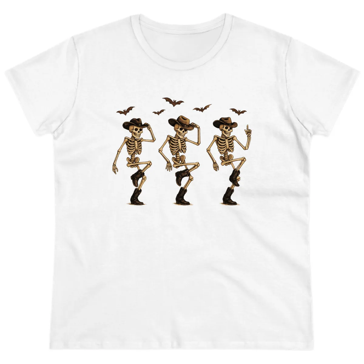 Dancing Cowboy Skeletons Halloween Ladies Tee in White