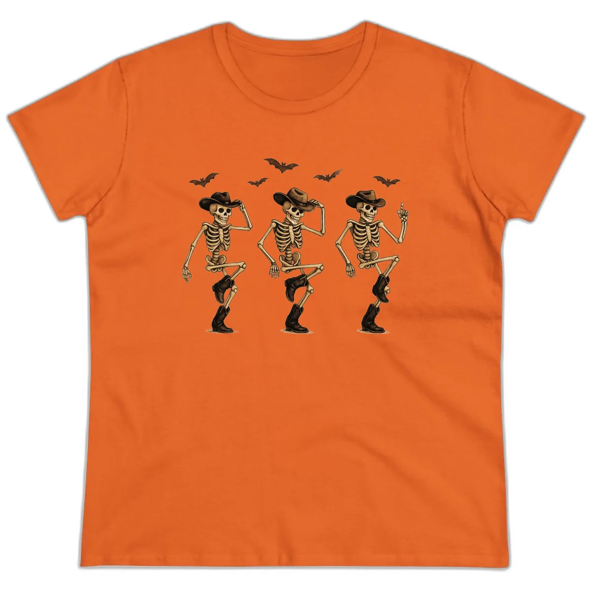 Dancing Cowboy Skeletons Halloween Ladies Tee in Orange