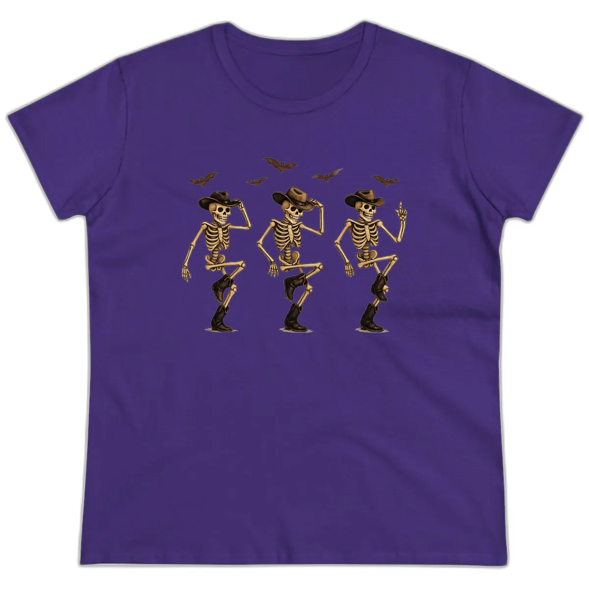 Dancing Cowboy Skeletons Halloween Ladies Tee in Purple