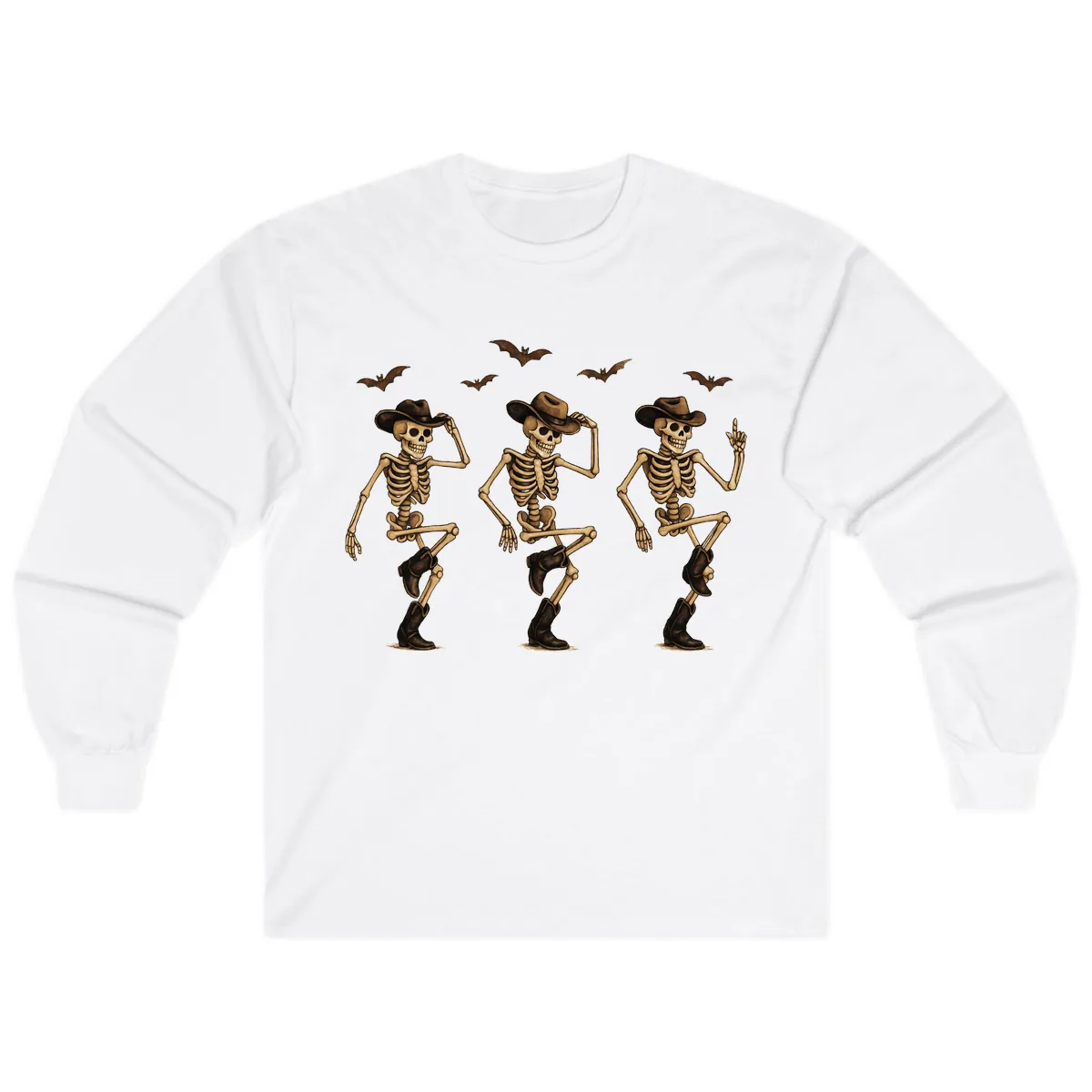 Dancing Cowboy Skeletons Halloween Long Sleeve in White