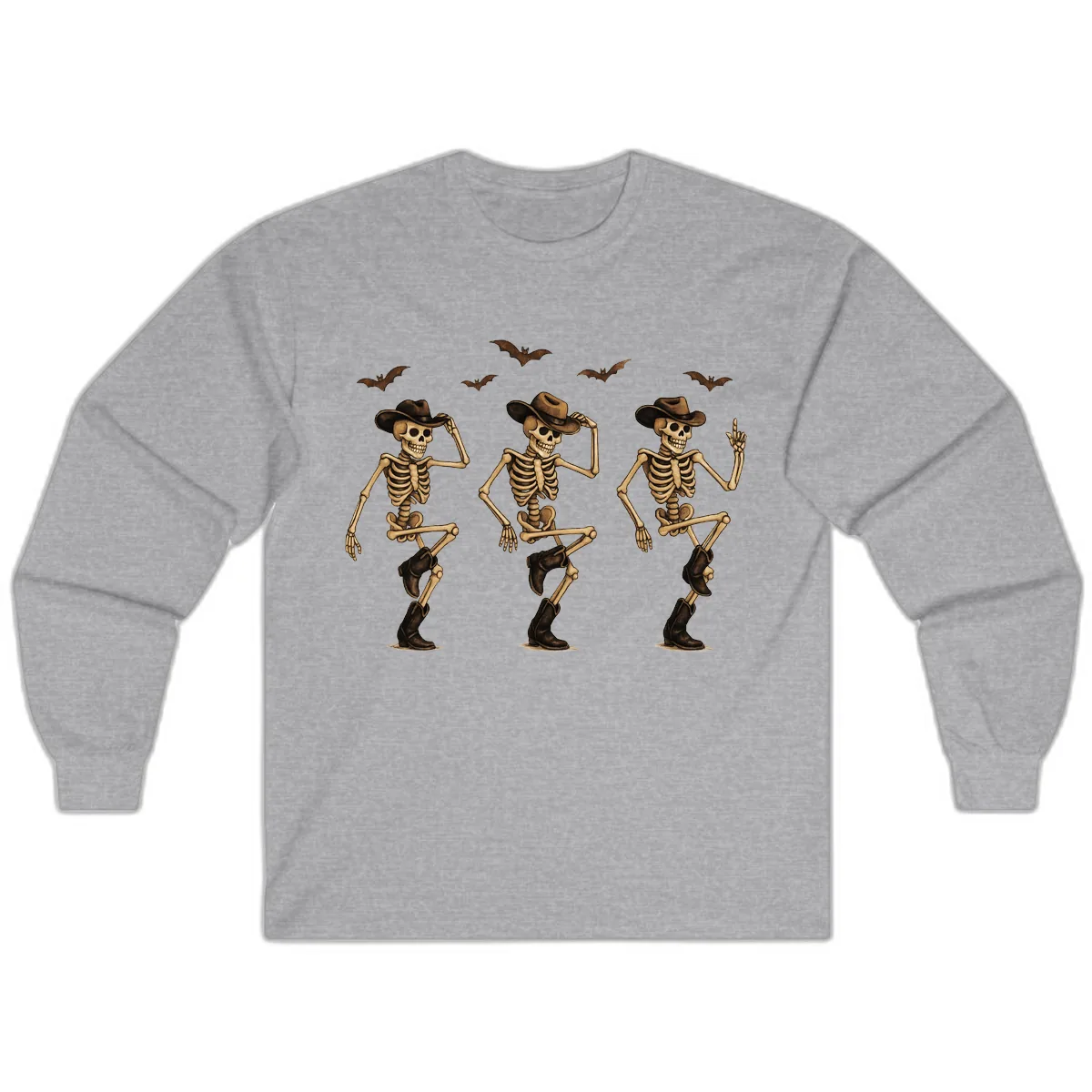 Dancing Cowboy Skeletons Halloween Long Sleeve in Sport Grey