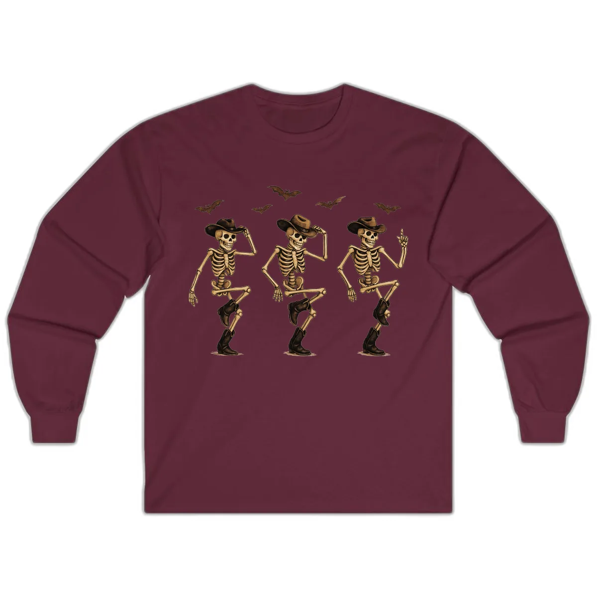 Dancing Cowboy Skeletons Halloween Long Sleeve in Maroon