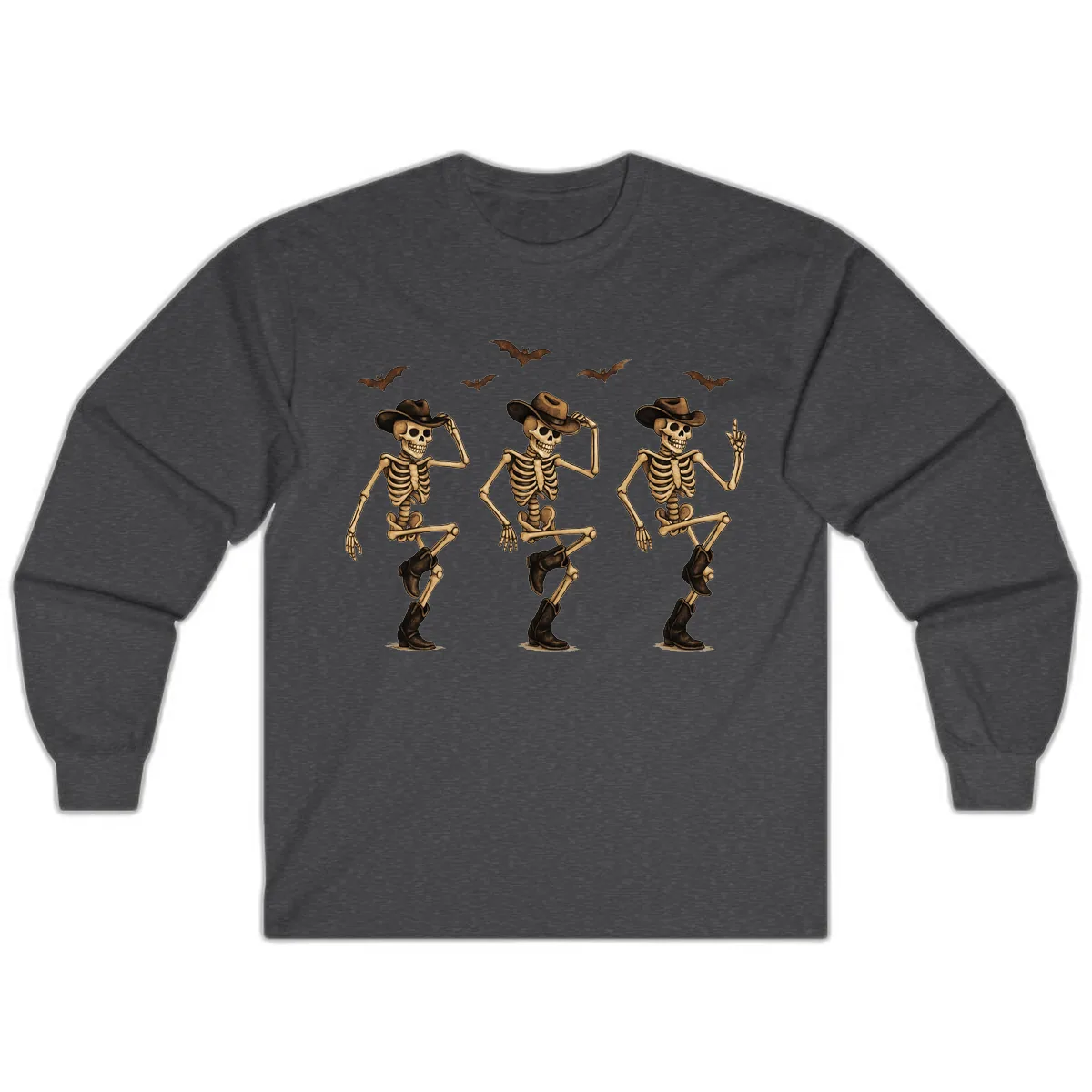 Dancing Cowboy Skeletons Halloween Long Sleeve in Dark Heather