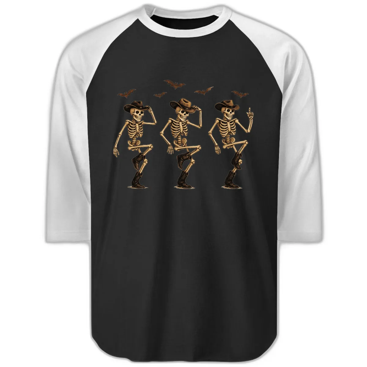 Dancing Cowboy Skeletons Halloween Raglan 3/4 in Black White