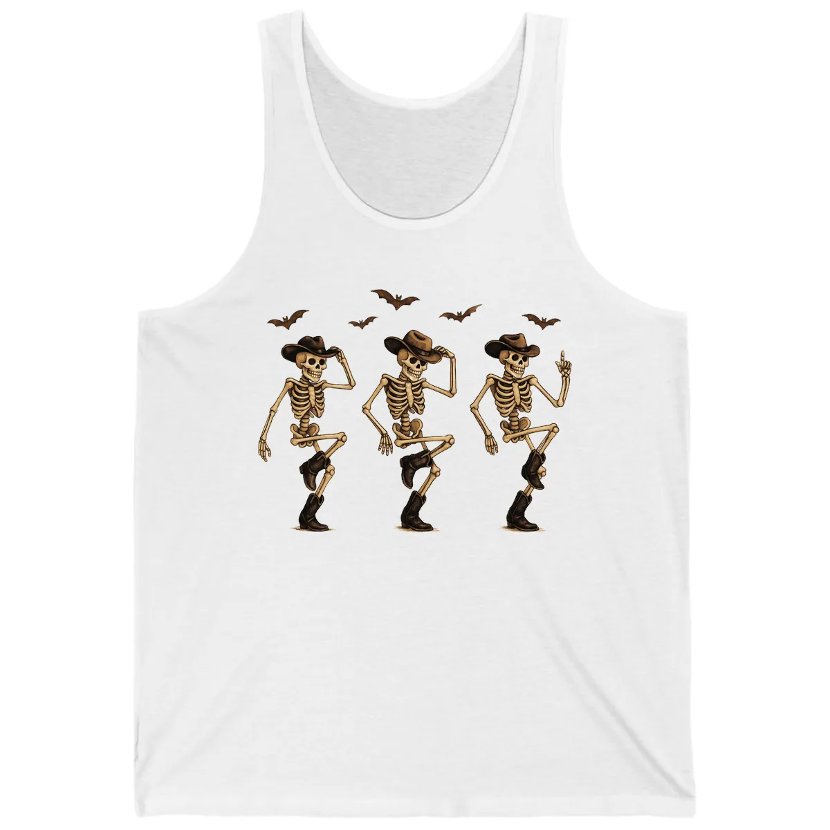 Dancing Cowboy Skeletons Halloween Tank in White