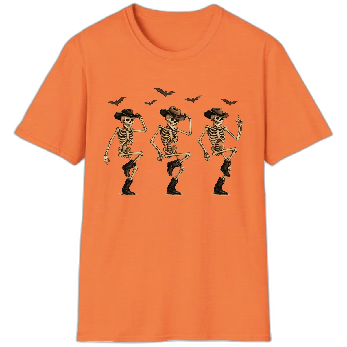 Dancing Cowboy Skeletons Halloween T-Shirt in Heather Orange