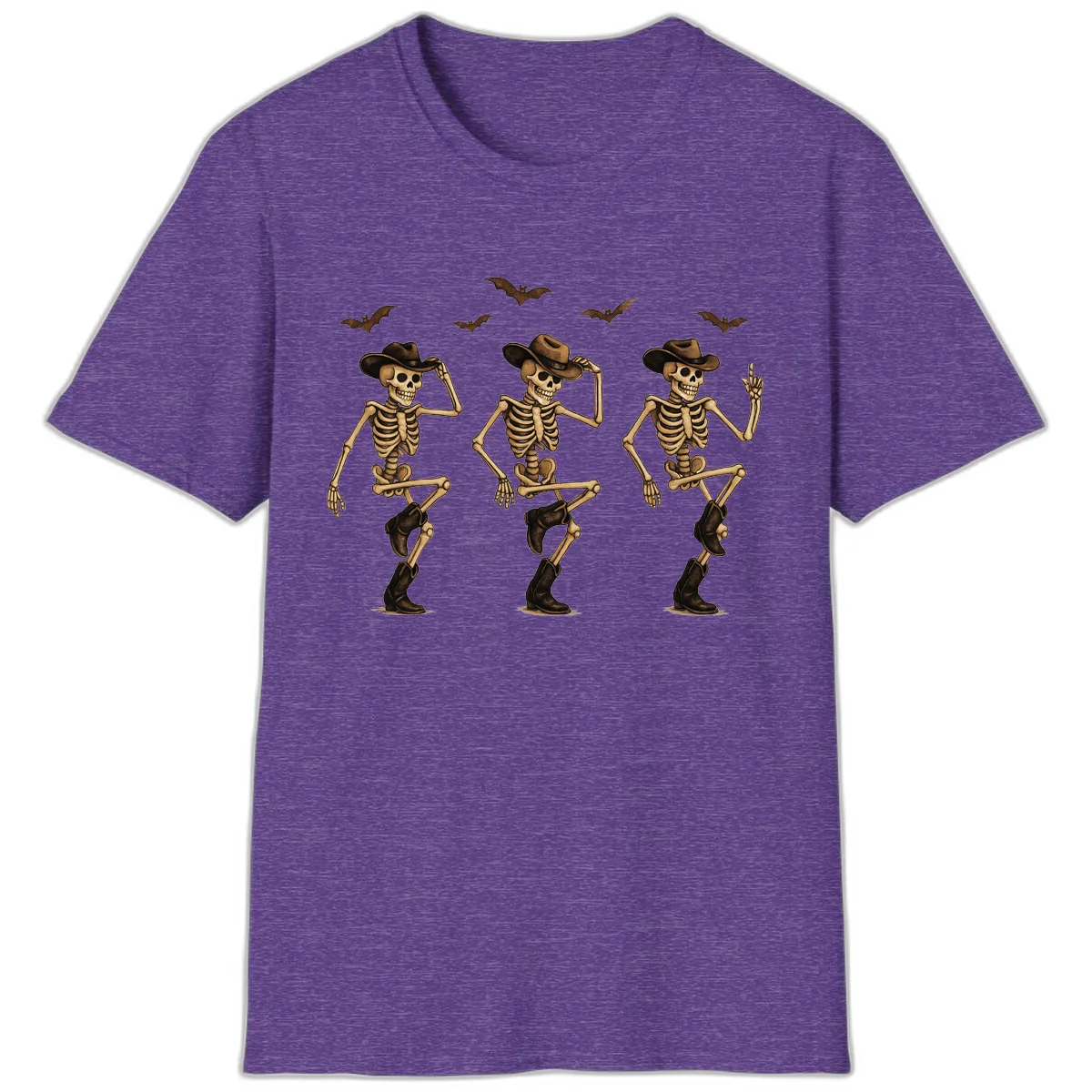Dancing Cowboy Skeletons Halloween T-Shirt in Heather Purple