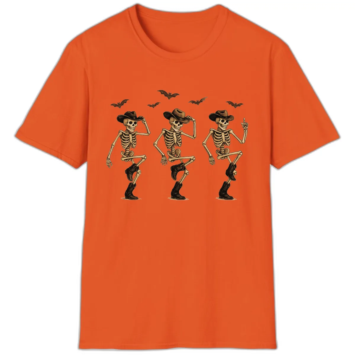 Dancing Cowboy Skeletons Halloween T-Shirt in Orange